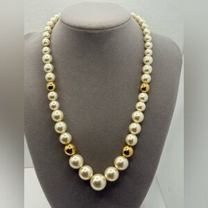 Vintage Napier Faux Pearl Necklace Gold Tone Beads 19” Princess Length Signed